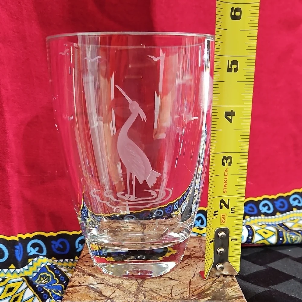Heavy VTG Scandinavian Handblown Cut Glass Vase with Crane, Heron Egret Etching